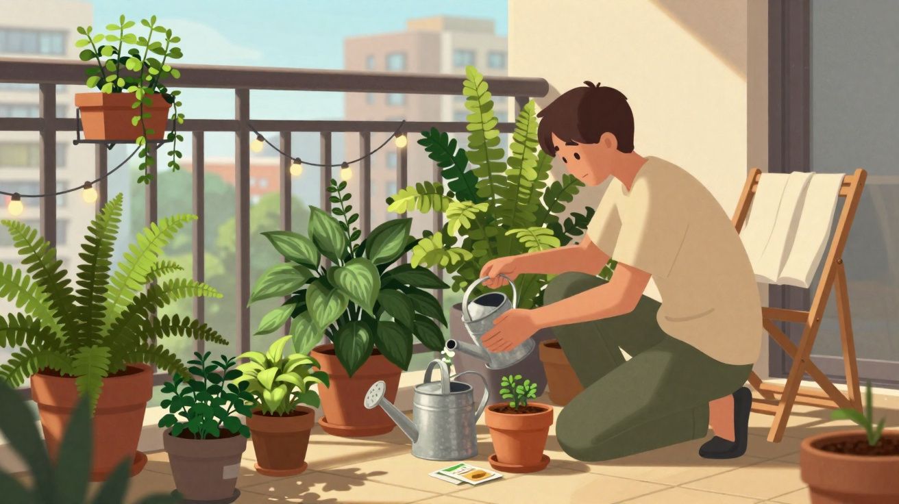 Pessoa rega várias plantas em vasos numa varanda iluminada pelo sol durante o dia.