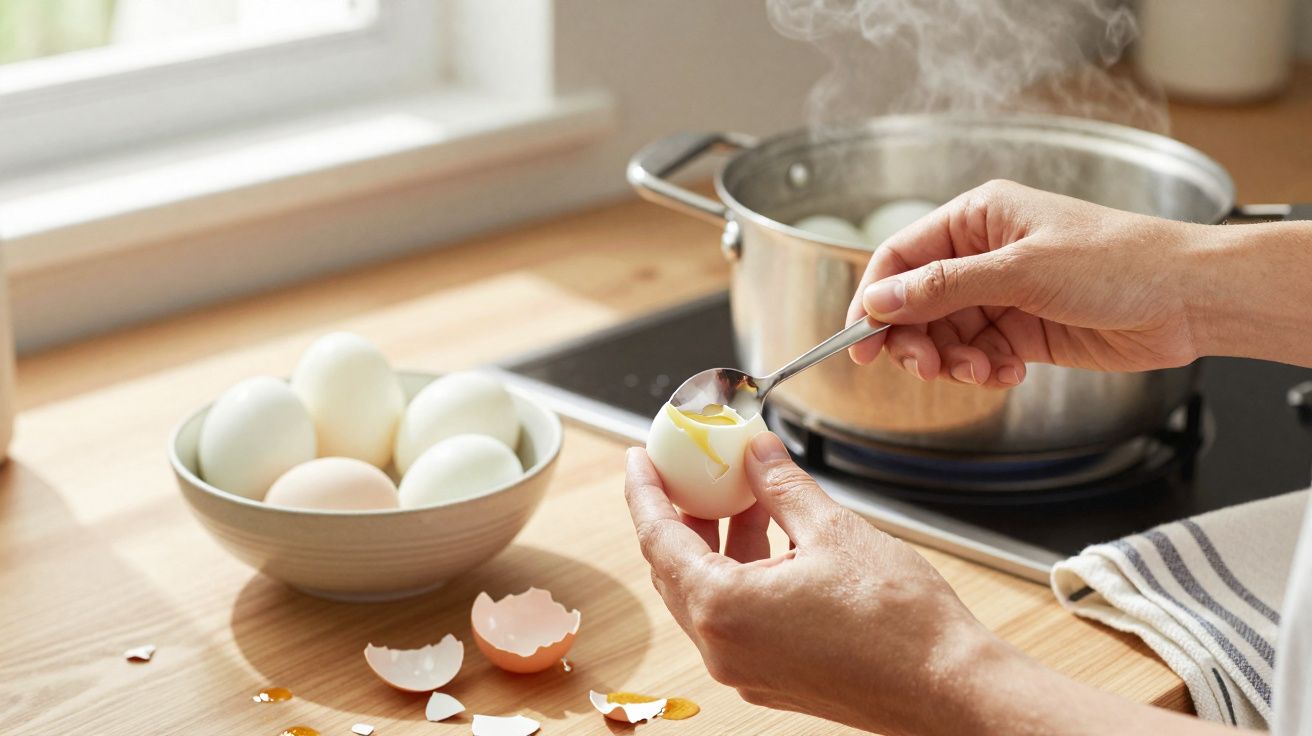 Mãos a descascar um ovo cozido com uma colher junto de uma tigela com ovos e uma panela a ferver.