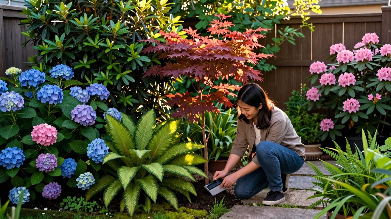 Mulher a jardinar num jardim florido com hortênsias azuis, rosas e plantas verdes variadas.