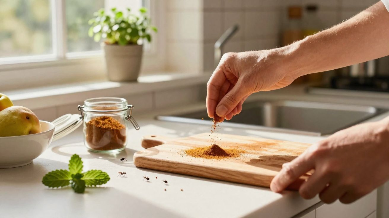 Pessoa a polvilhar especiarias num tábua de madeira, com formigas e legumes numa bancada de cozinha iluminada.