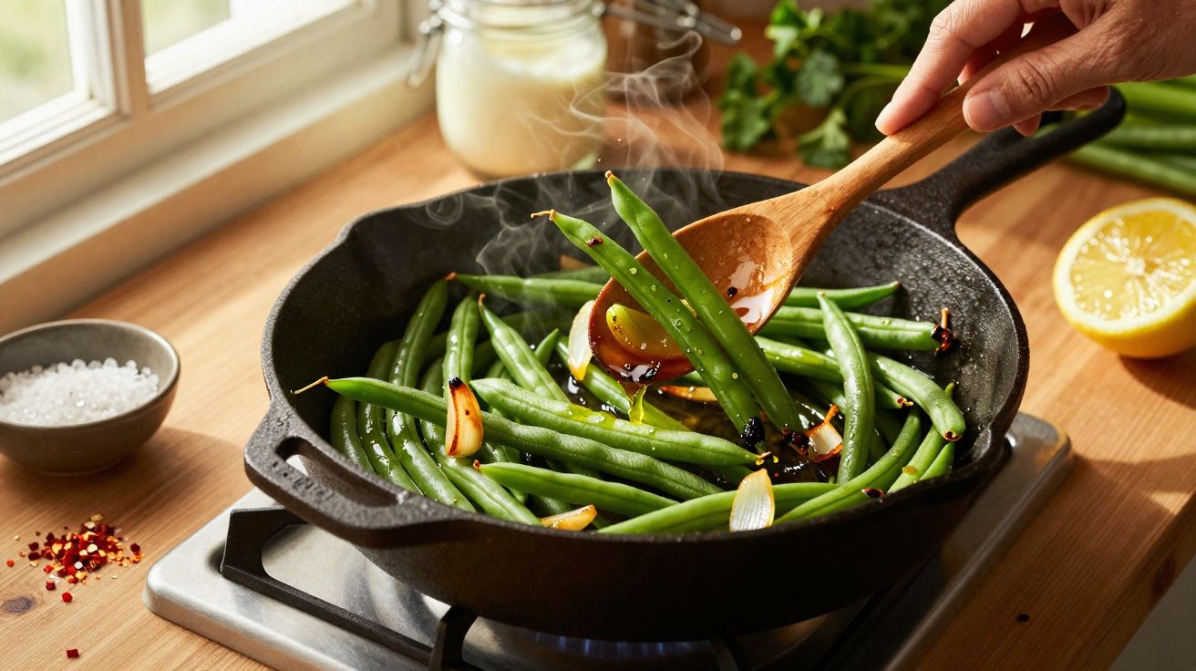 Feijão verde a ser salteado com alho numa frigideira preta sobre fogão, com mão a mexer com colher de pau.