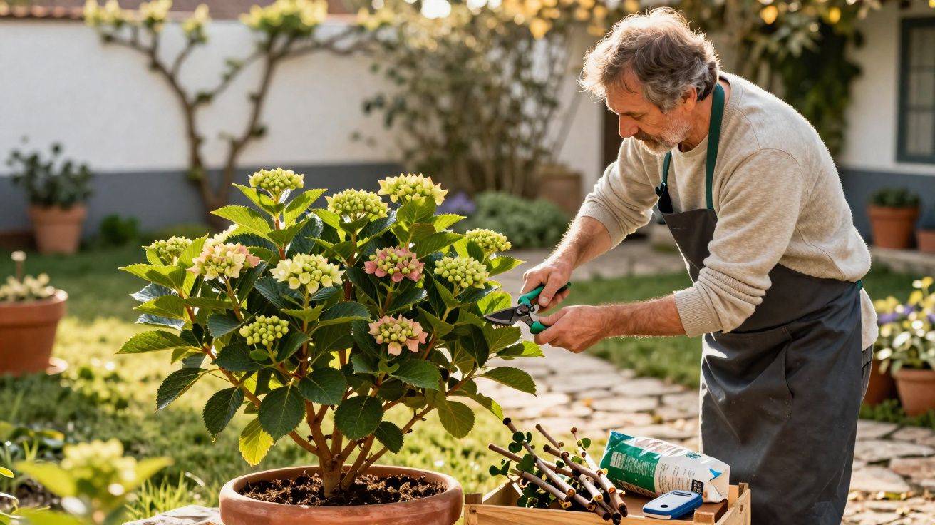 Homem com avental a podar hortênsia numa varanda ensolarada, rodeado de plantas em vasos.