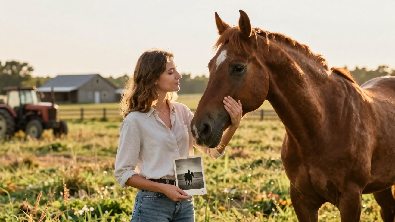 Mulher em campo a acariciar a cabeça de um cavalo castanho, segurando uma foto a preto e branco.