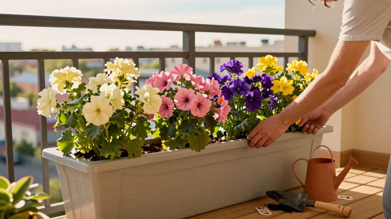 Pessoa a cuidar de flores coloridas em vaso retangular numa varanda ensolarada.