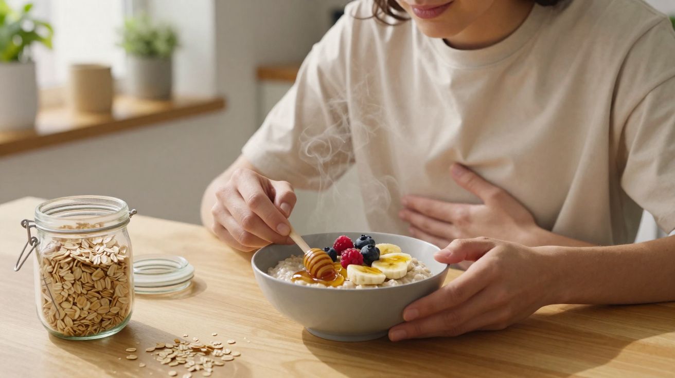 Pessoa saudável segurando barriga e a outra mão numa tigela de papas de aveia com frutas e mel.