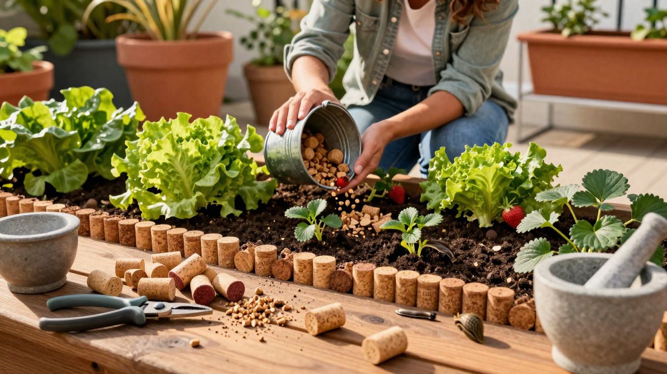 Pessoa a deitar pellets orgânicos num canteiro com alfaces e morangueiros em vaso de madeira no exterior.