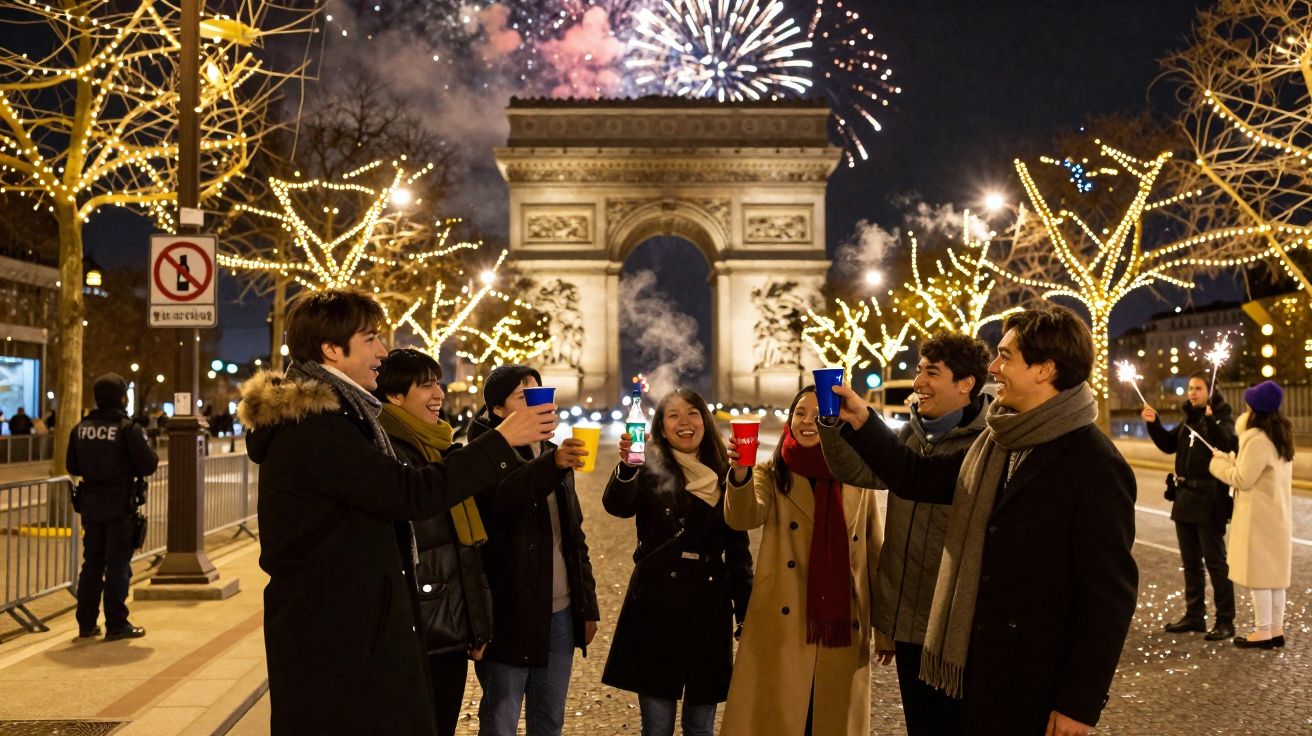 Grupo de pessoas a brindar com copos coloridos na noite junto ao Arco do Triunfo e fogo de artifício em Paris.
