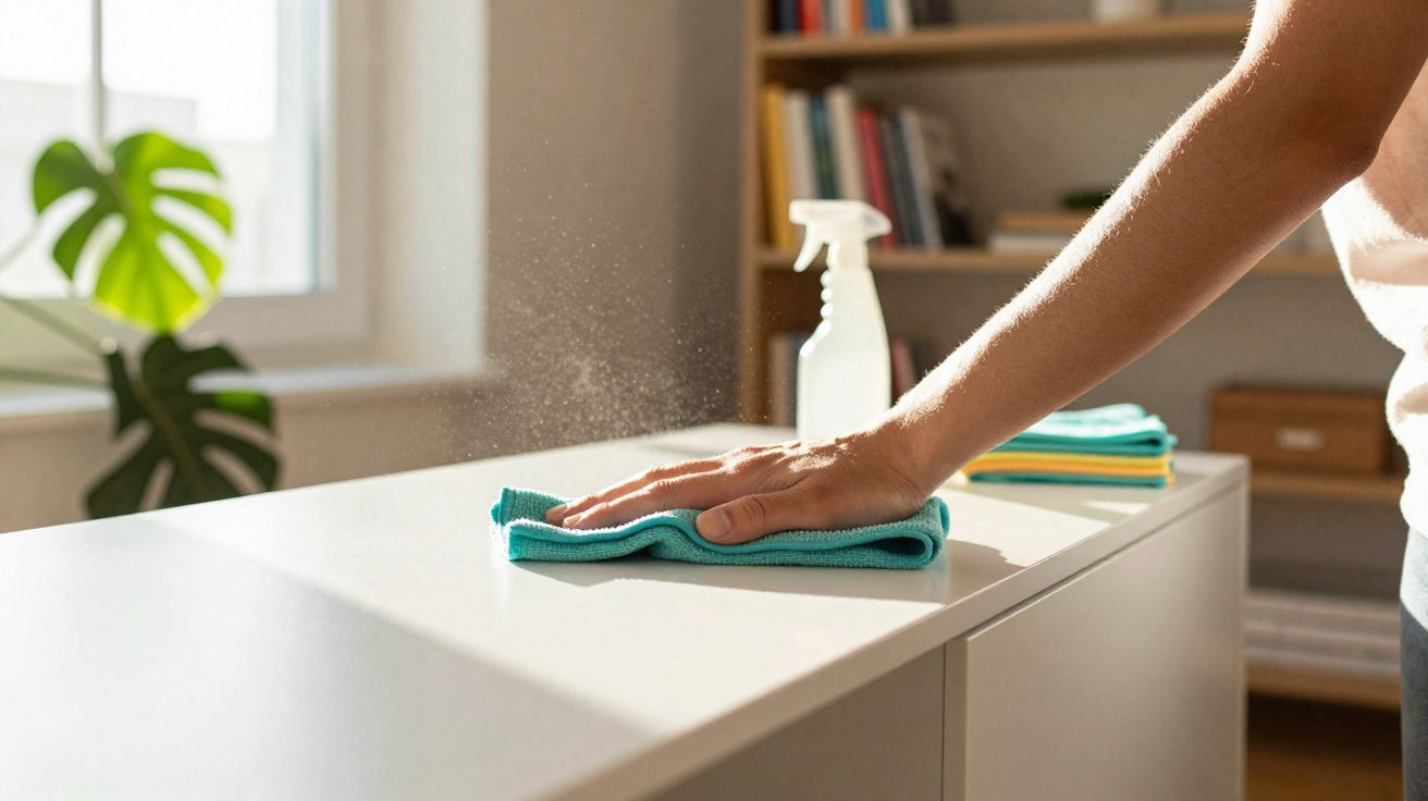 Pessoa a limpar um móvel branco com pano azul e spray de limpeza numa sala iluminada.