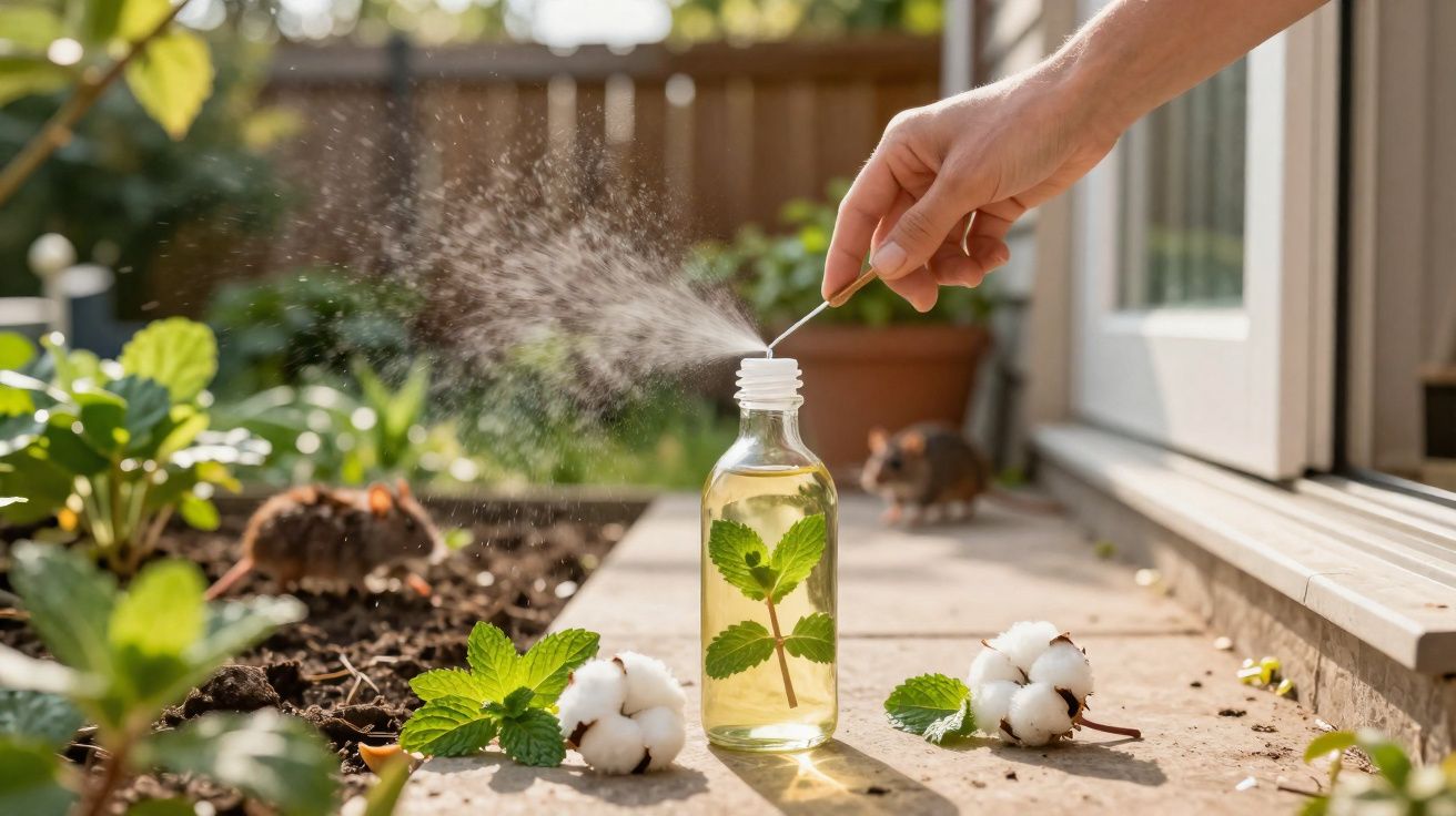 Mão a pulverizar mistura caseira de plantas num jardim com folhas e raminhos de algodão no chão.