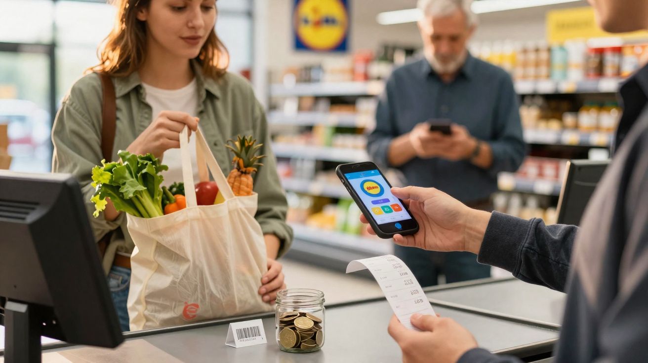 Cliente a passar compras numa loja Lidl, pagamento contactless por smartphone com funcionário a receber recibo.