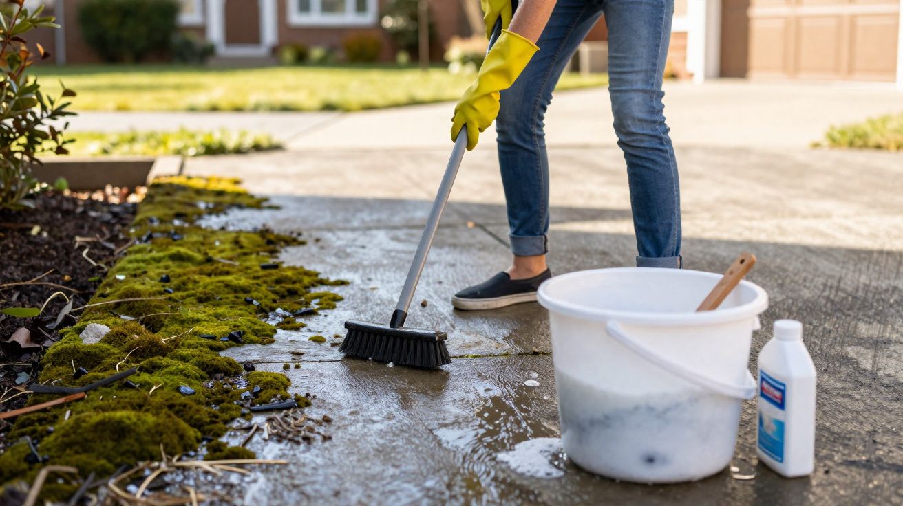 Pessoa a limpar calçada exterior com escova, balde de água e produtos de limpeza perto, com musgo ao lado.