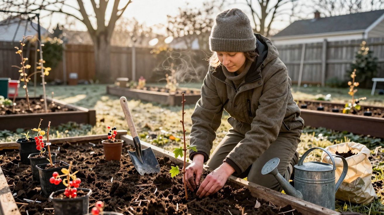 Mulher de gorro a plantar muda na horta ao amanhecer, rodeada de vasos e ferramentas de jardinagem.