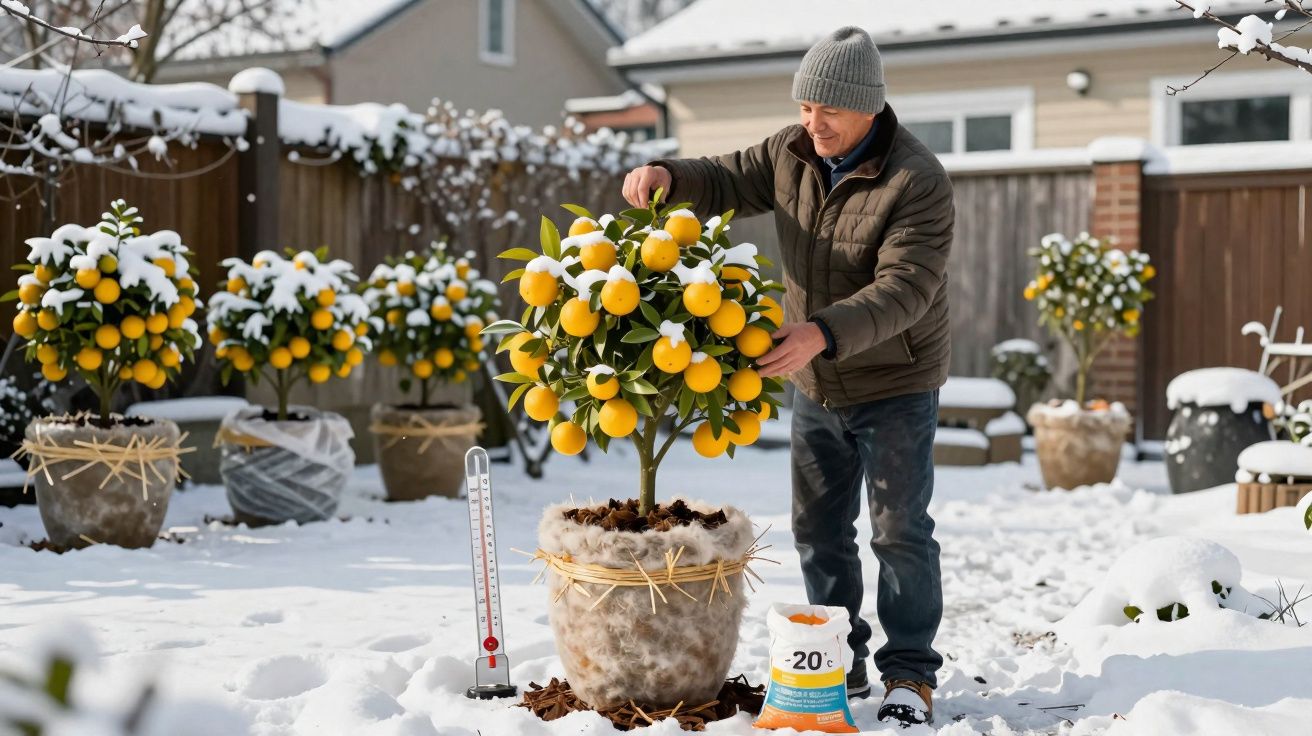 Homem cuida de limoeiros em vasos cobertos de neve num jardim residencial durante o inverno.