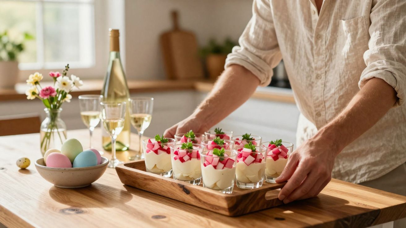 Pessoa a servir copos com sobremesa cremosa decorada com morangos numa mesa de madeira iluminada pela luz natural.