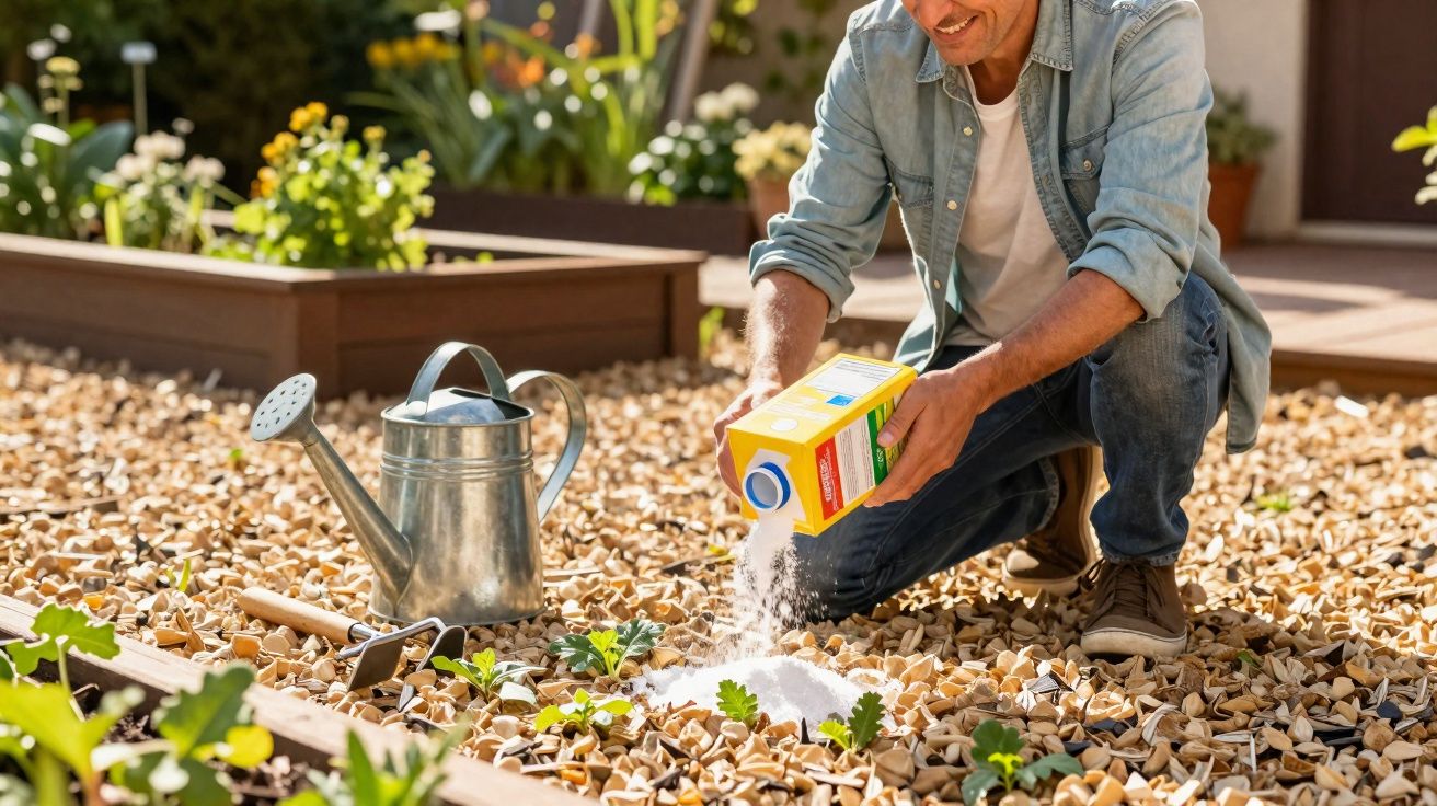 Homem a aplicar fertilizante em plantas num jardim pedregoso com regador metálico ao lado.