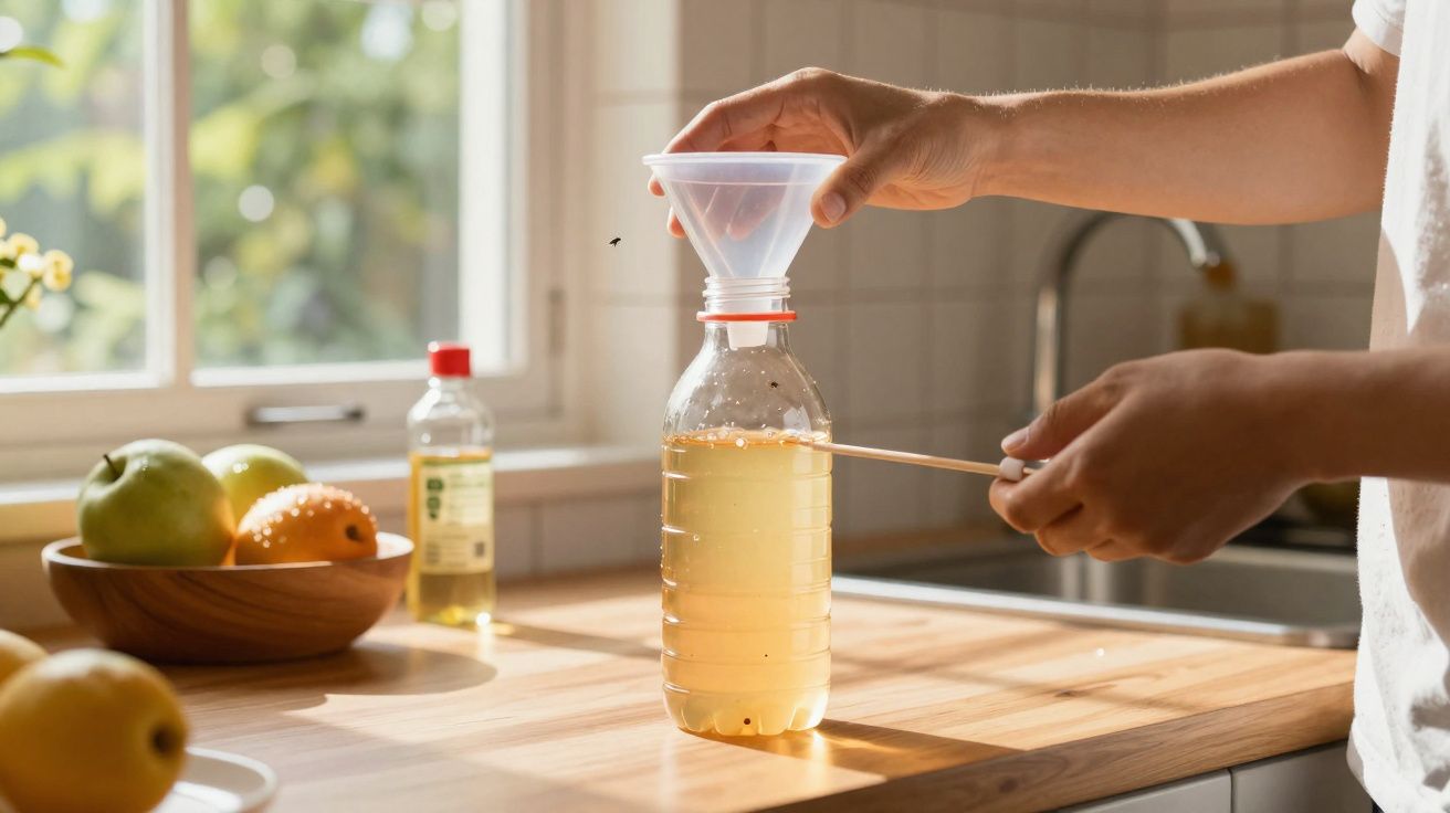 Mãos a encher garrafa com líquido amarelo usando funil numa cozinha luminosa.