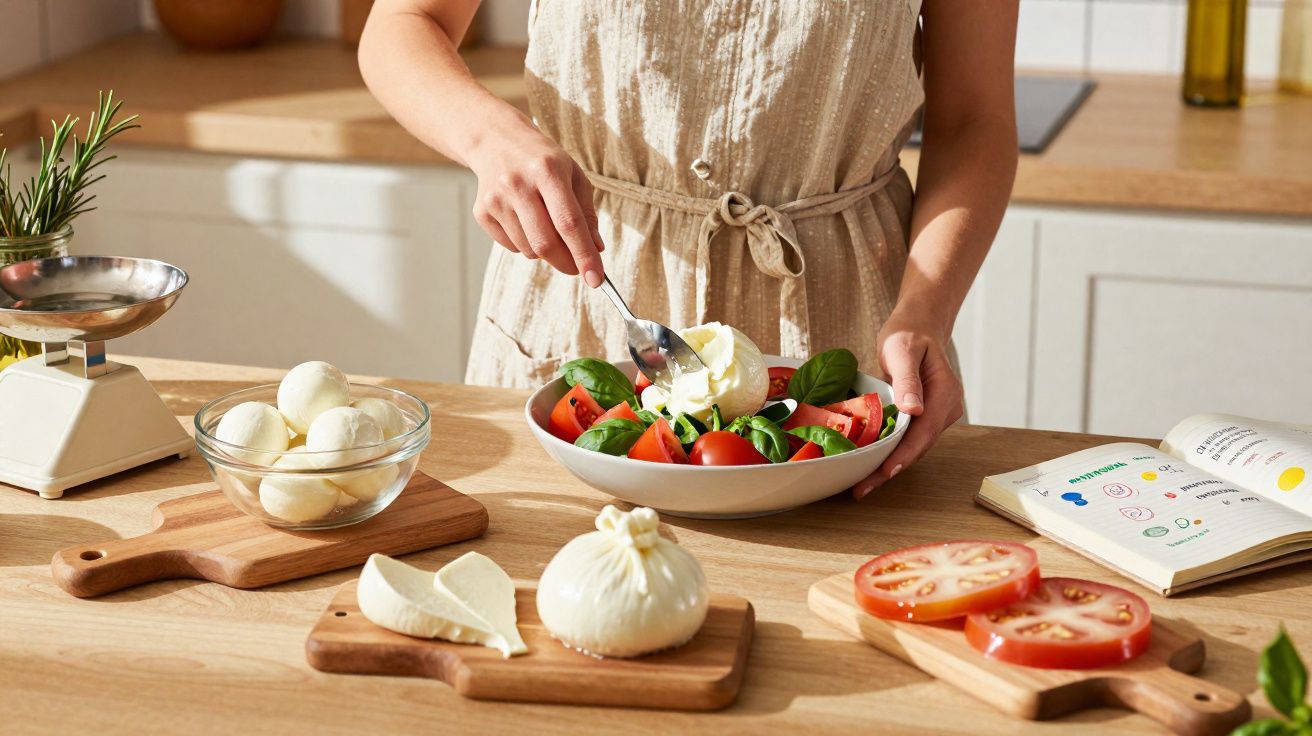 Pessoa a preparar salada com queijo mozzarella, tomates e espinafres numa cozinha iluminada natural.