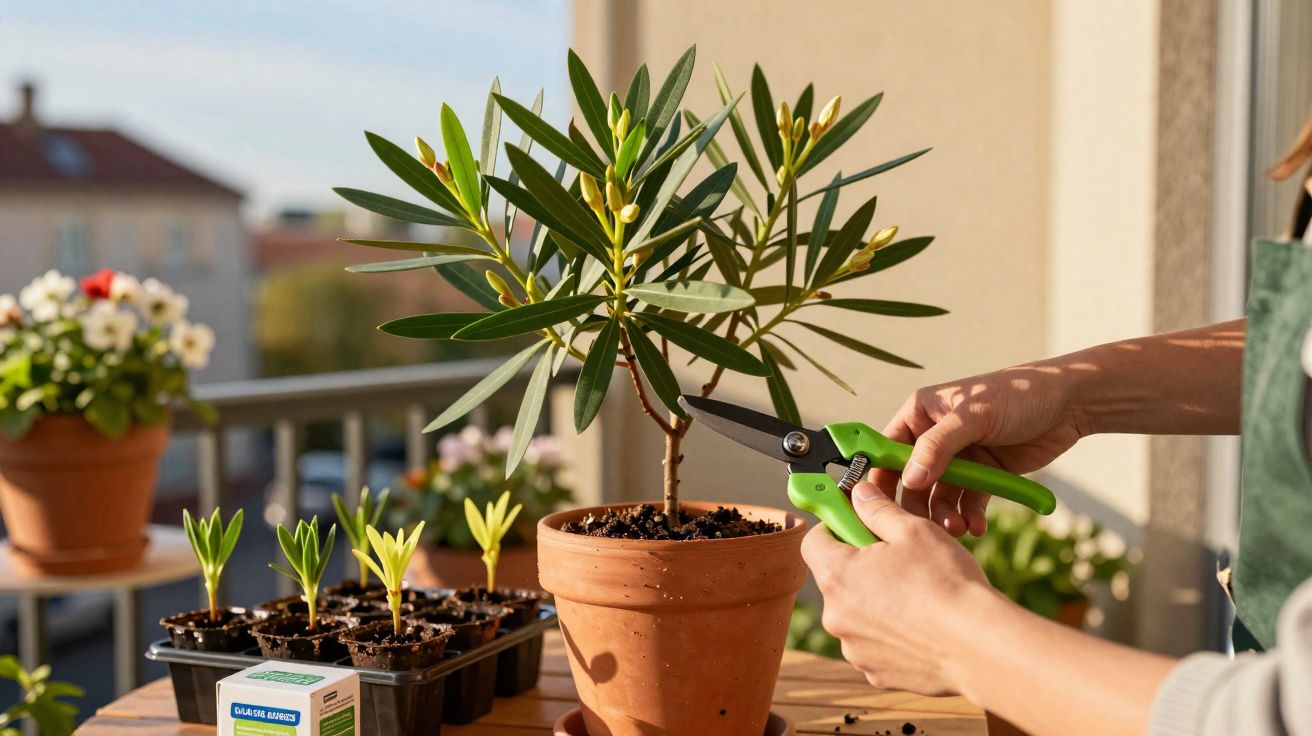 Pessoa a podar planta em vaso de barro numa varanda com luz solar suave da manhã.
