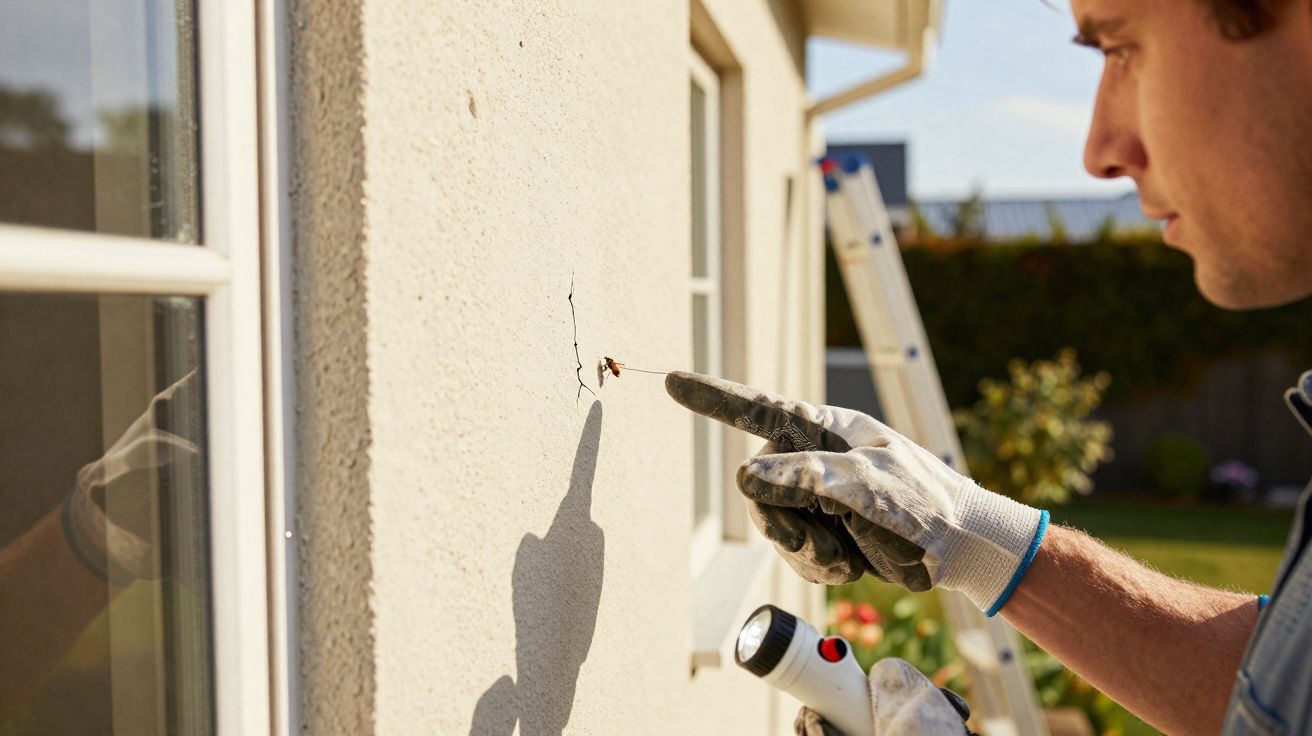 Homem com luva a apontar para uma fissura na parede exterior de uma casa, segurando uma lanterna.