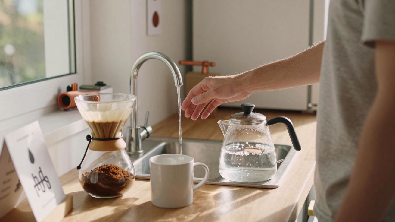 Pessoa a encher uma chávena com água da torneira numa cozinha moderna, com utensílios de café na bancada.