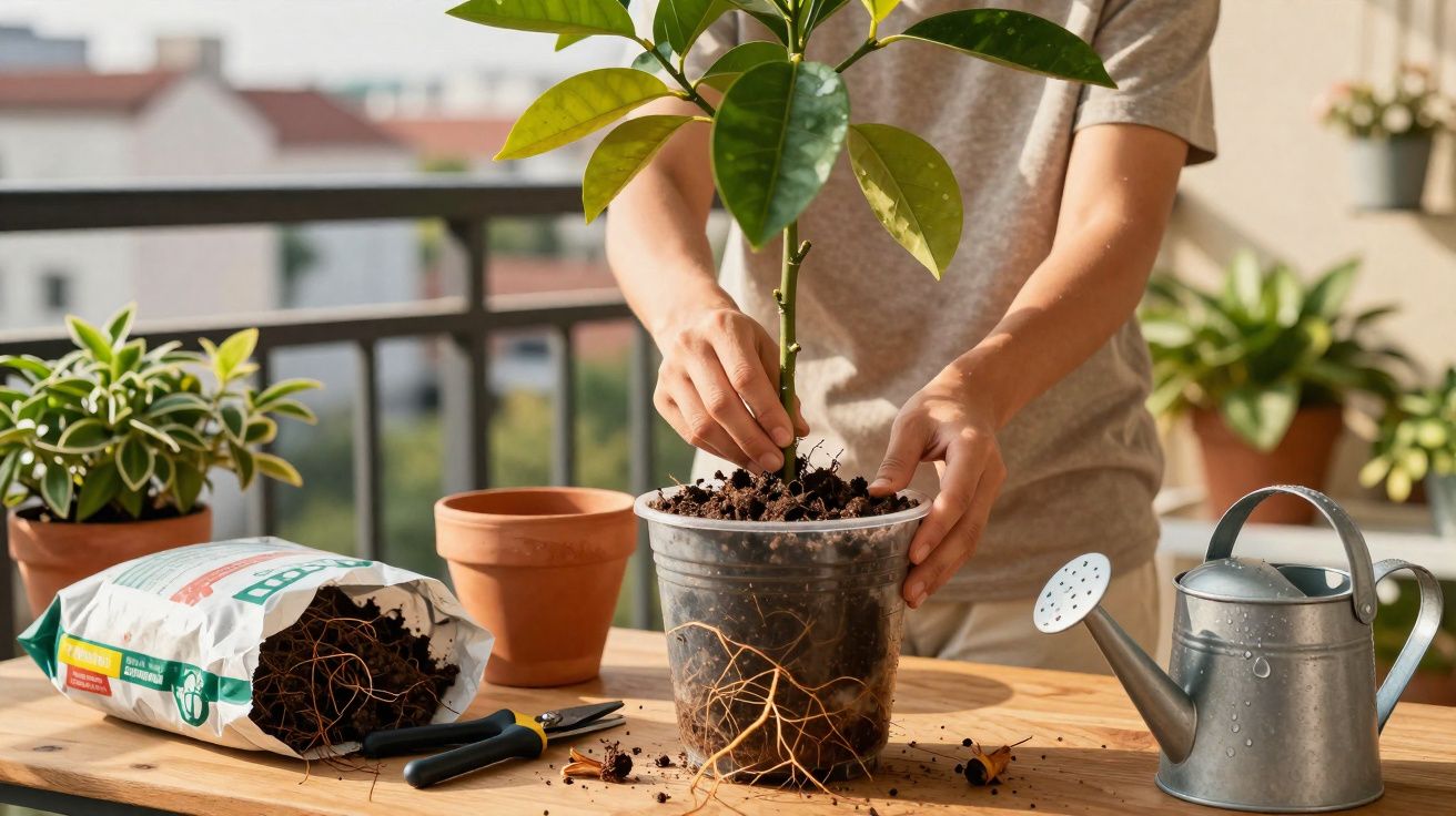 Pessoa a transplantar planta para vaso com terra, regador e ferramentas numa mesa ao ar livre.