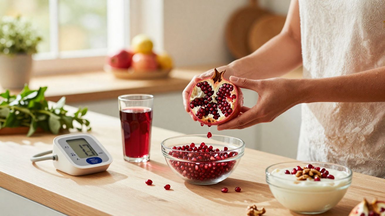 Pessoa a partir uma romã sobre uma taça de vidro num balcão de cozinha com um medidor de pressão arterial à vista.