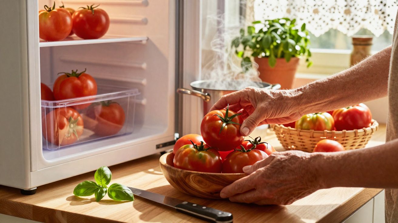 Mãos a pegar tomates de um cesto de madeira numa cozinha com frigorífico aberto e ervas frescas junto à janela.