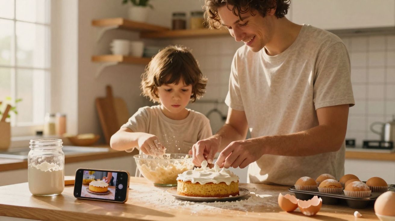 Pai e filho a preparar um bolo na cozinha, com ingredientes e telemóvel a mostrar o processo.