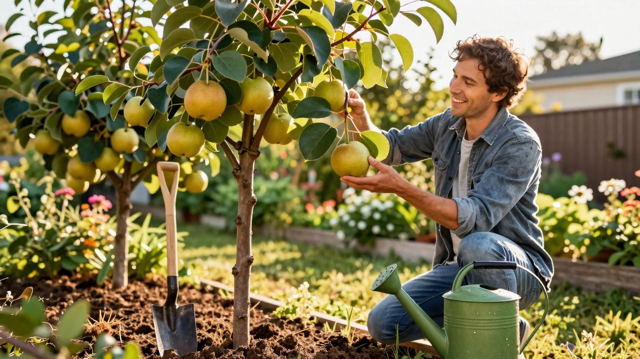 Homem a colher pêras de uma árvore num jardim ensolarado, com regador e enxada ao lado.