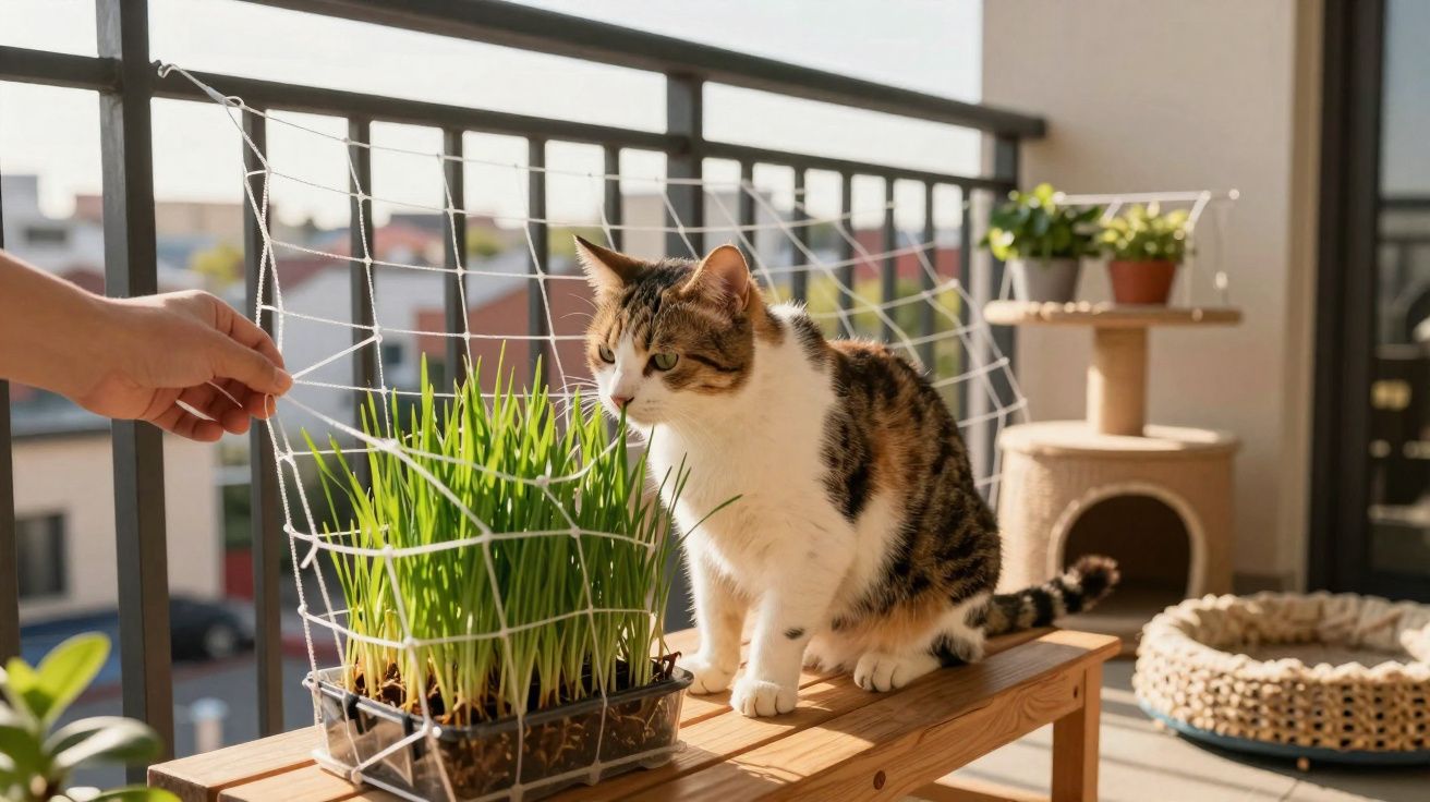 Gato sentado numa varanda ao lado de vaso com plantas verdes e mão humana a tocar rede de proteção.