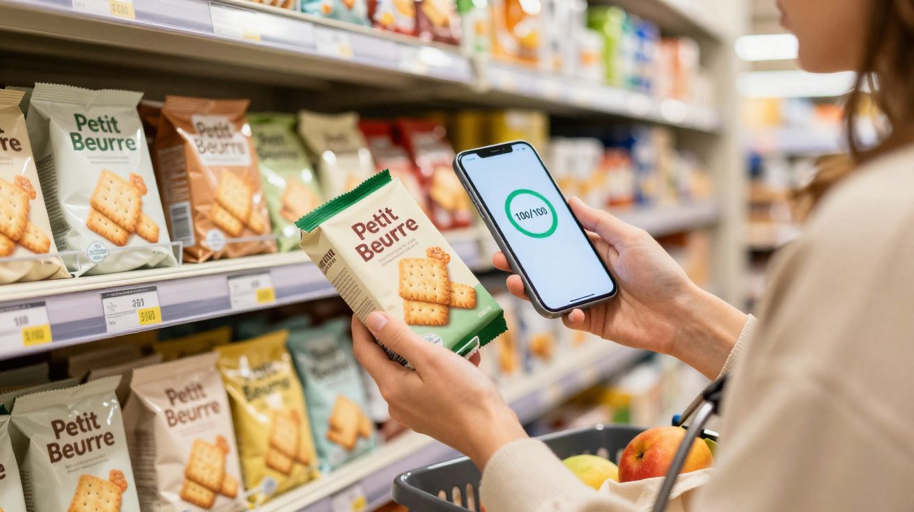 Pessoa a escanear embalagem de bolachas Petit Beurre numa aplicação móvel num supermercado.