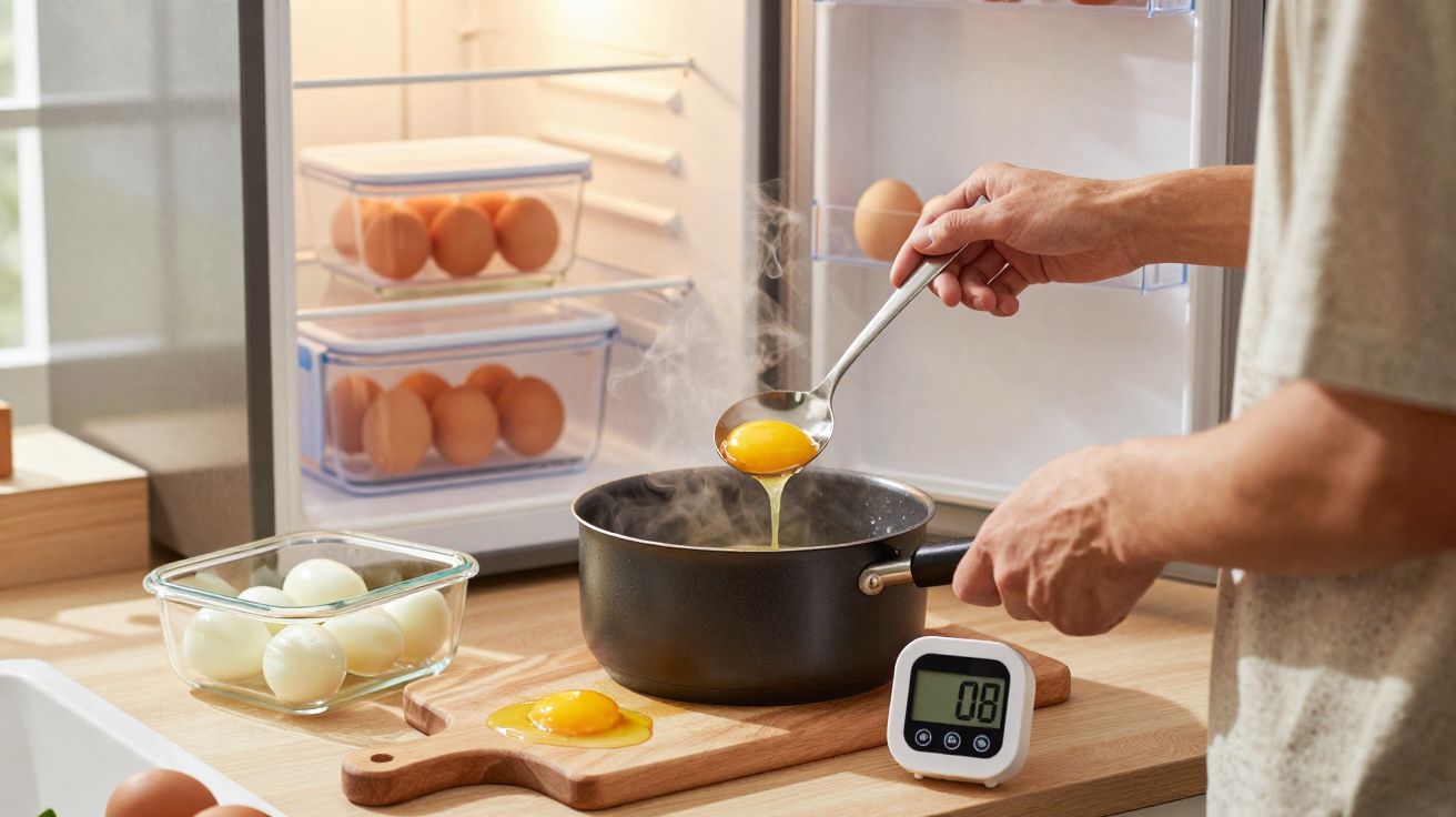 Pessoa a cozinhar ovos num tacho, com ovos crus, ovos cozidos e um temporizador numa bancada de cozinha.