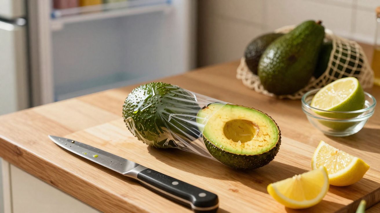 Abacate cortado com plástico, limão partido e faca numa tábua de madeira na cozinha.