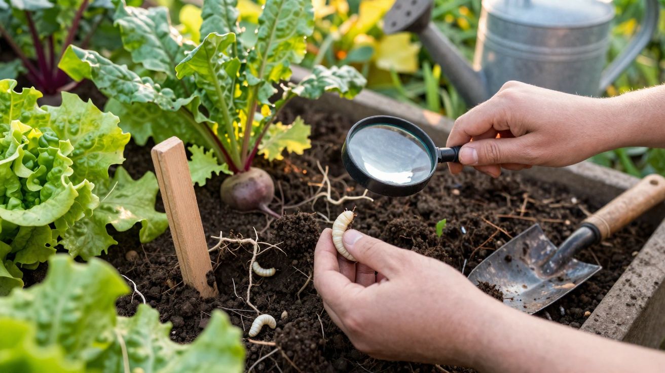Pessoa a examinar uma larva branca no solo de uma horta com uma lupa e ferramentas de jardinagem.