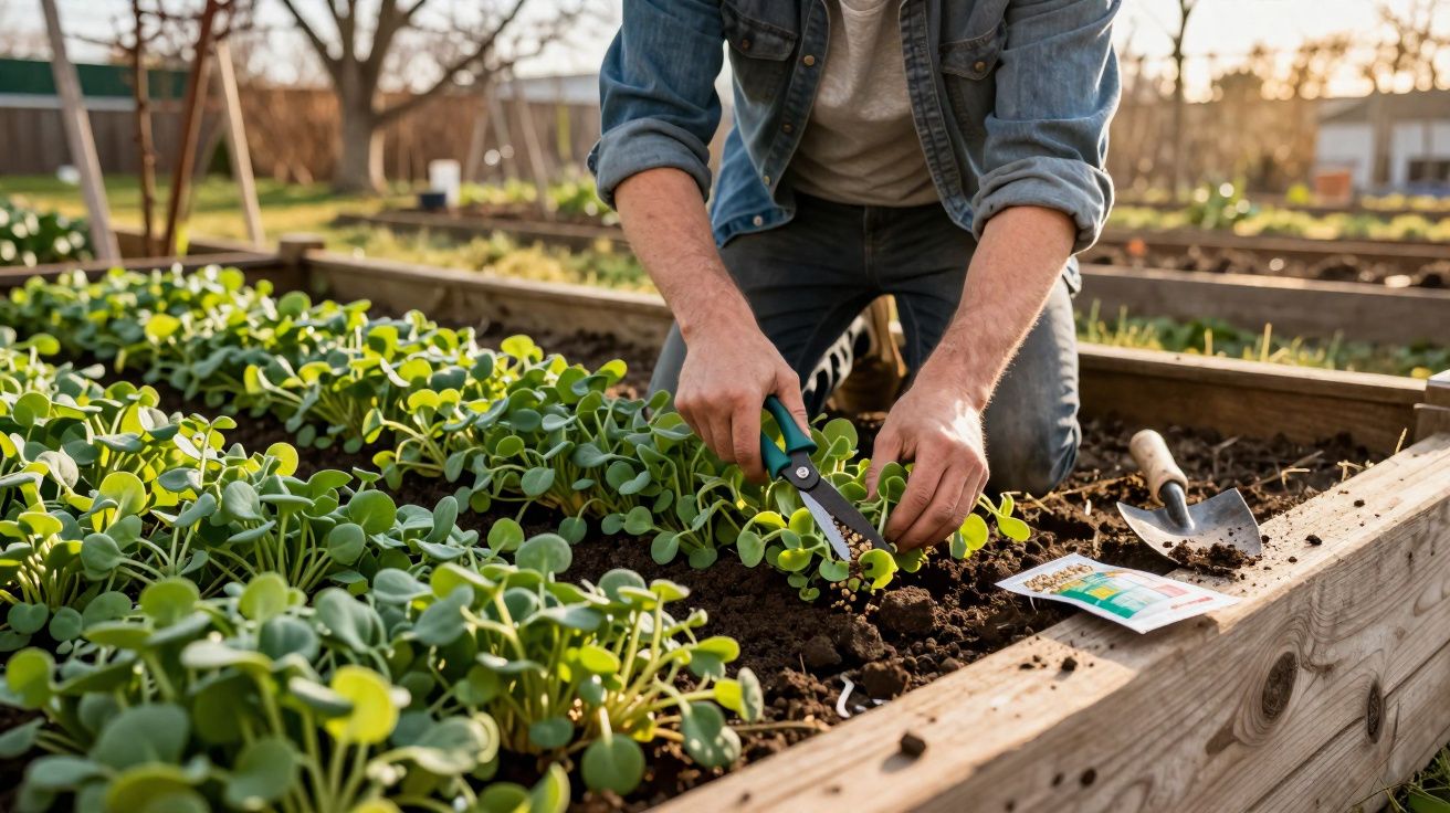 Pessoa a cultivar e colher rebentos verdes numa horta urbana elevada ao ar livre ao pôr do sol.