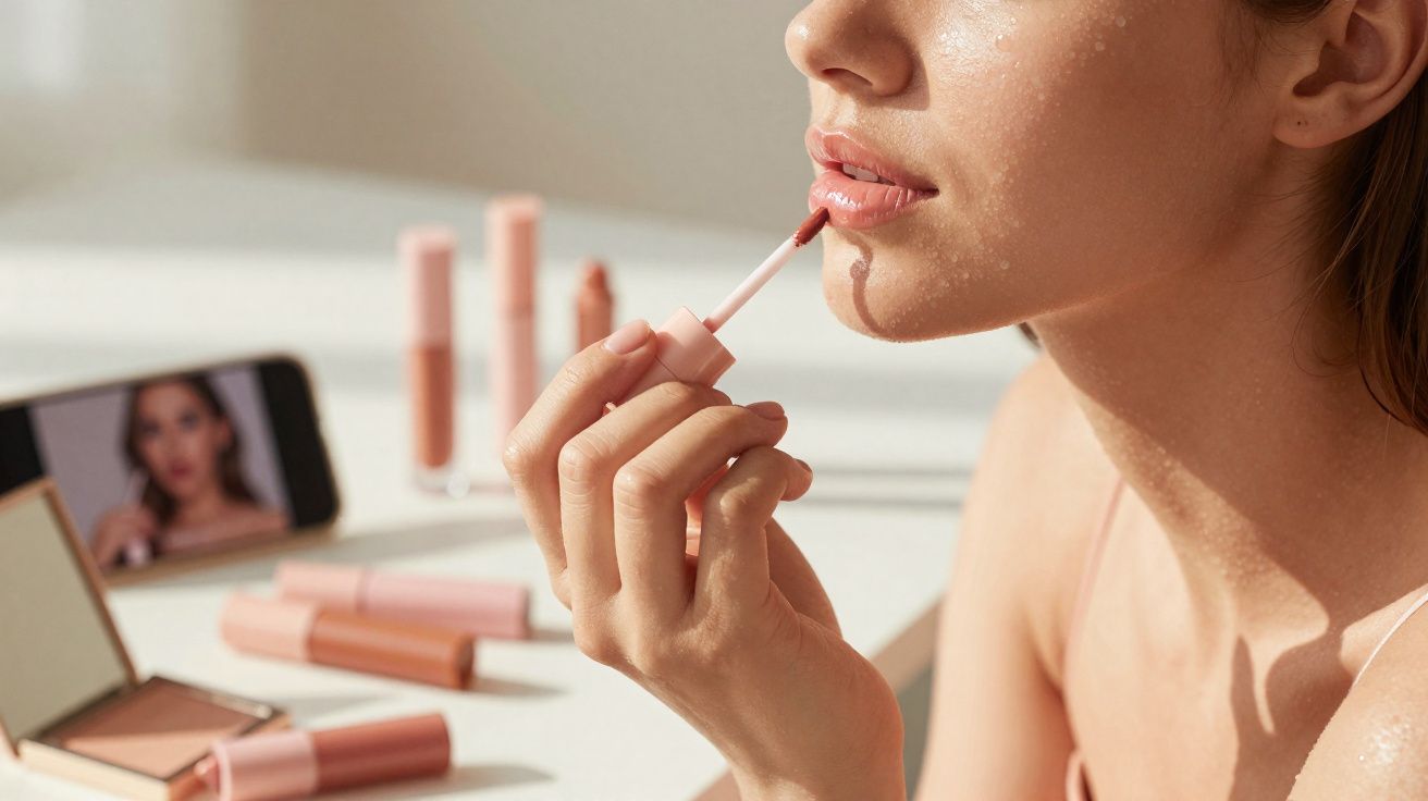 Mulher a aplicar batom rosa enquanto assiste a vídeo de maquilhagem no telemóvel sobre a mesa.