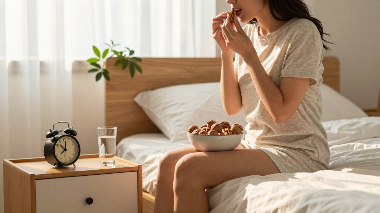 Mulher sentada na cama a comer nozes num quarto iluminado por luz natural, ao lado de uma mesa de cabeceira com relógio e cop