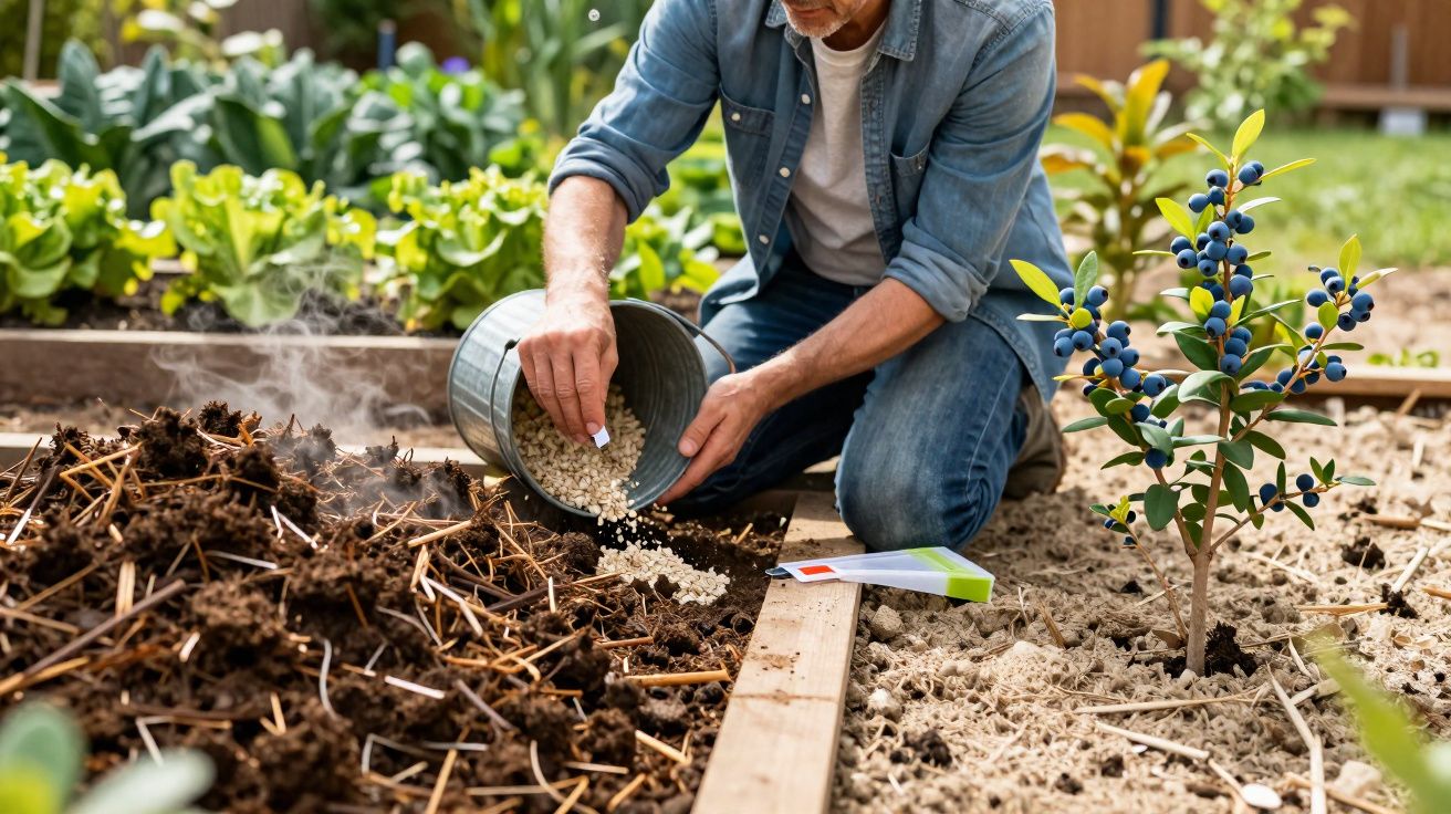 Pessoa a semear sementes num canteiro do jardim numa manhã ensolarada.