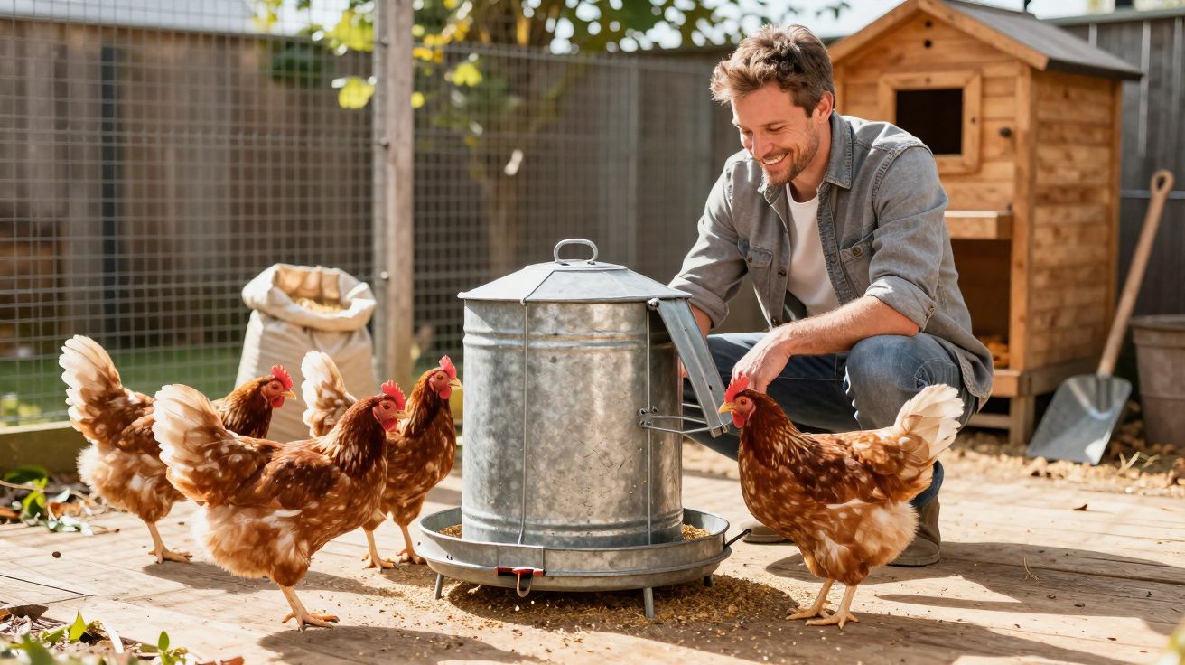 Homem alimenta galinhas num galinheiro com casota de madeira ao fundo.