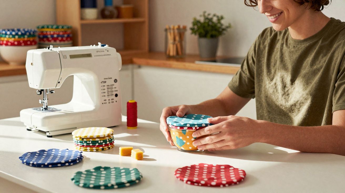 Pessoa a fazer acessórios de tecido colorido com máquina de costura numa mesa branca.