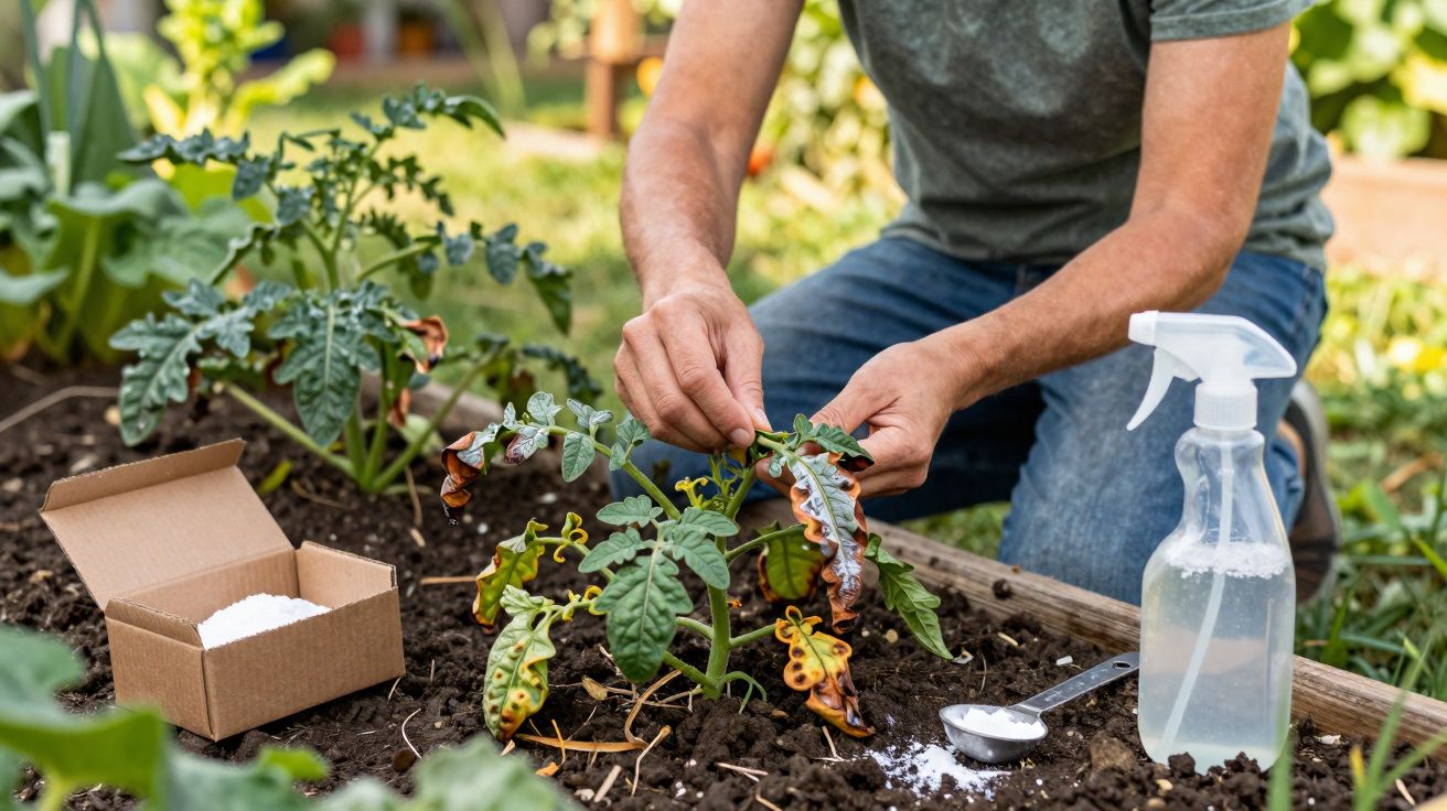 Pessoa a remover folhas danificadas de planta num canteiro com caixa de pó branco e borrifador ao lado.