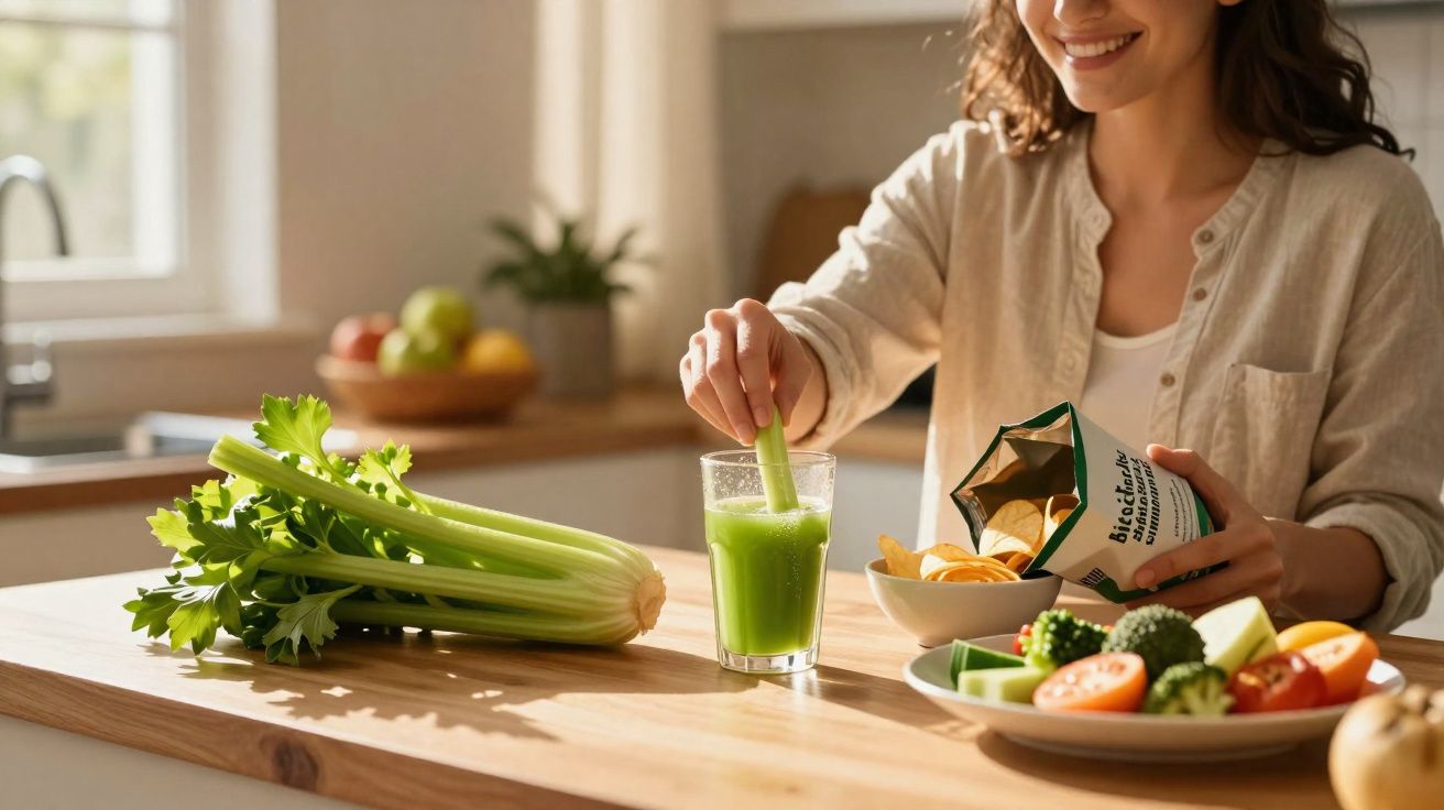 Mulher a mergulhar talo de aipo em sumo verde, com snacks e legumes numa mesa de cozinha iluminada.