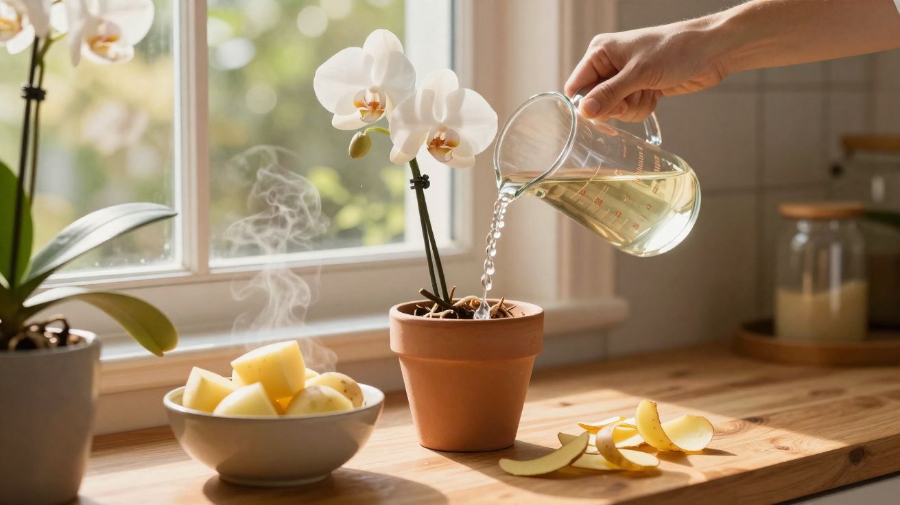 Pessoa a regar orquídea branca num vaso de barro numa cozinha iluminada pelo sol.