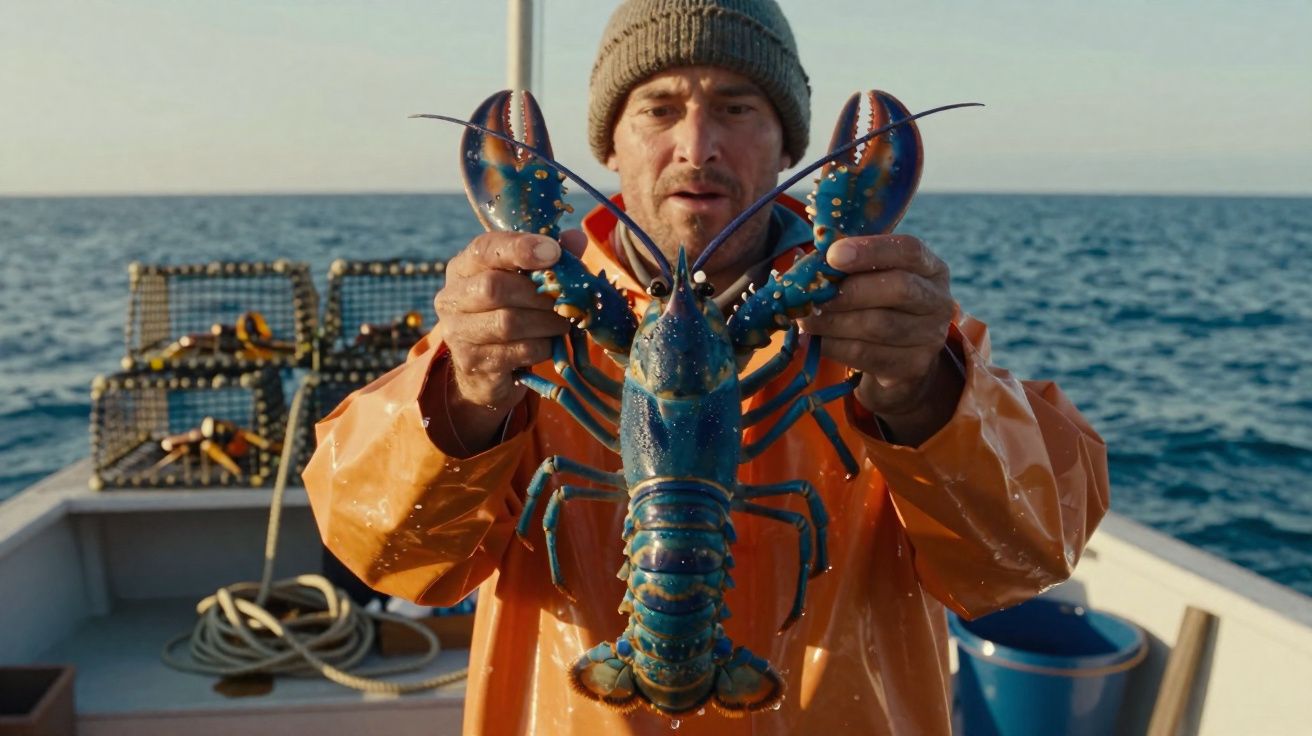 Pescador de casaco impermeável segurando uma lagosta azul no convés de um barco no mar aberto.