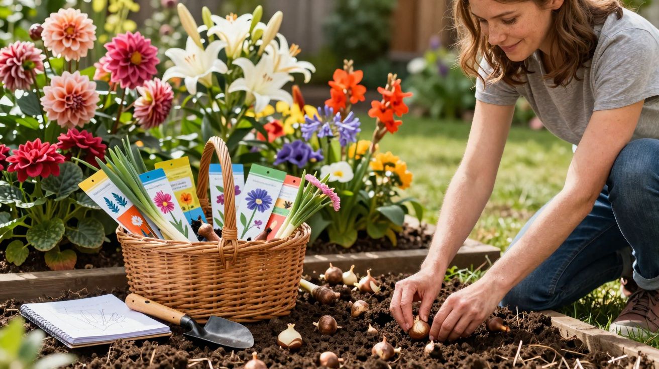 Mulher a plantar bolbos num canteiro, rodeada de flores coloridas e ferramentas de jardinagem.