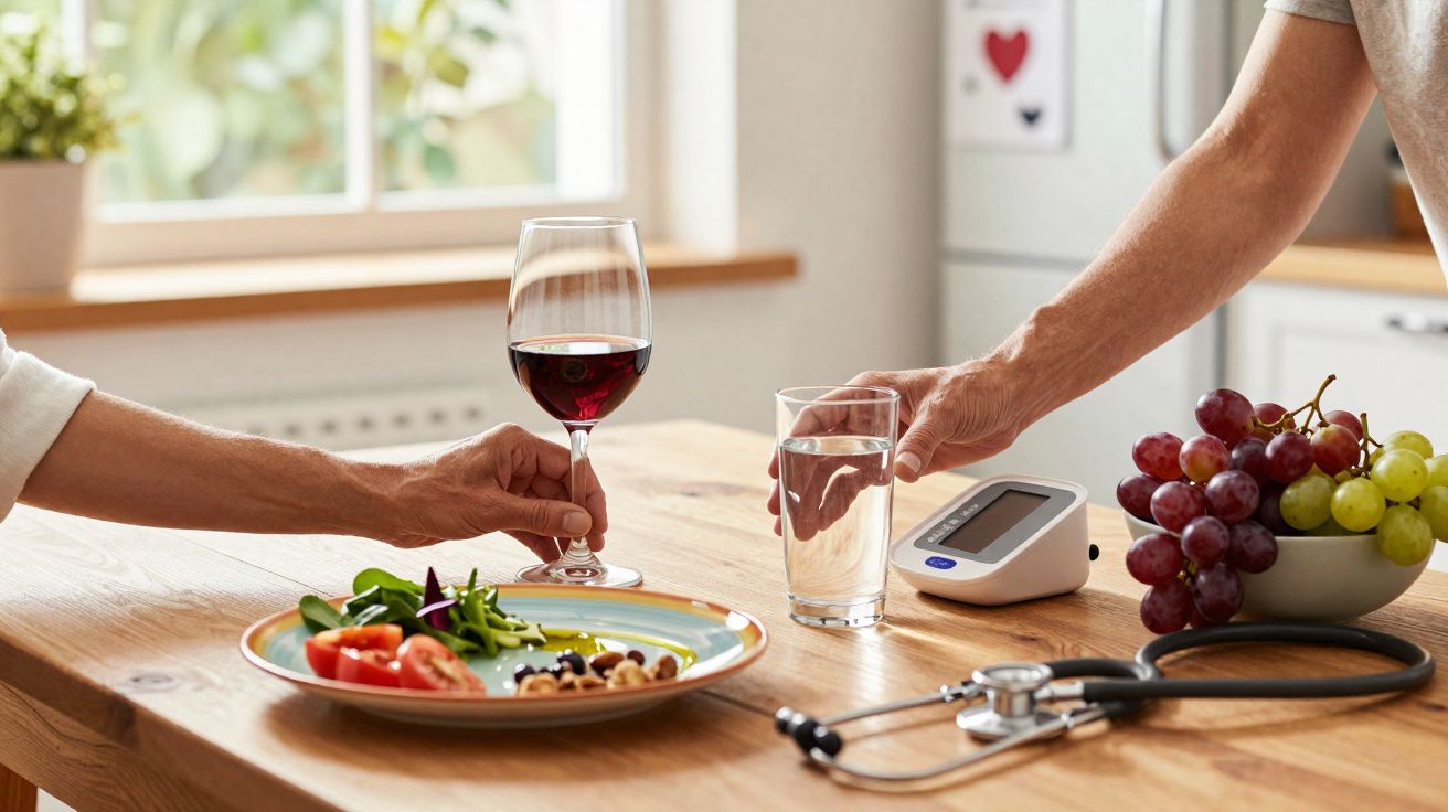 Duas pessoas comendo saudável, com vinho tinto, frutas, e aparelho para medir tensão arterial numa mesa de madeira.