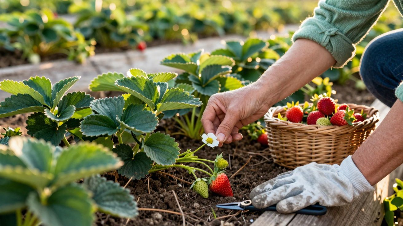 Mão colhendo morangos num campo com cesta cheia de morangos e tesoura de poda ao lado.