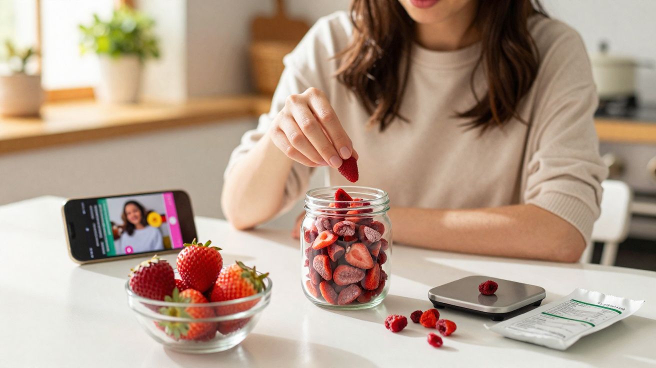Mulher colocando frutos vermelhos num frasco de vidro numa cozinha com telemóvel e tigela de morangos na mesa.