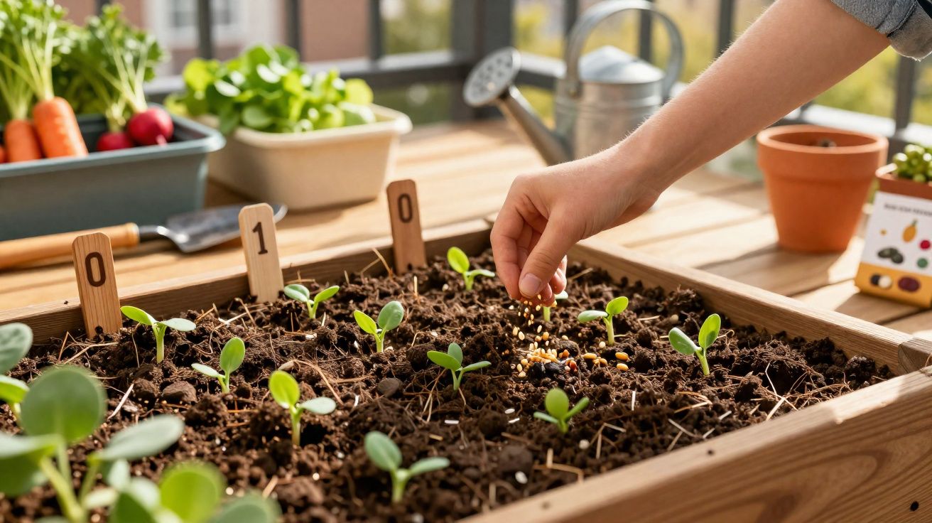 Pessoa a semear sementes em pequenas plantas num tabuleiro de cultivo em ambiente interno iluminado.