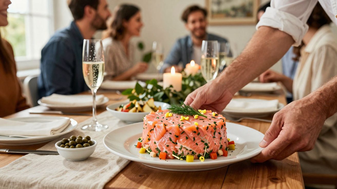 Pessoa a servir prato de salmão decorado numa mesa de jantar com amigos e velas acesas ao fundo.
